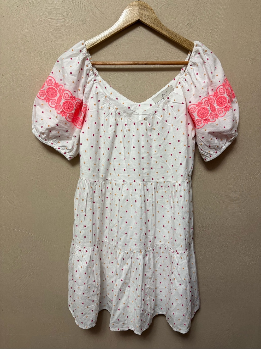 LOFT Puff Sleeve Polka Dot Embroidered Tiered Swing Dress Size XS NWT New